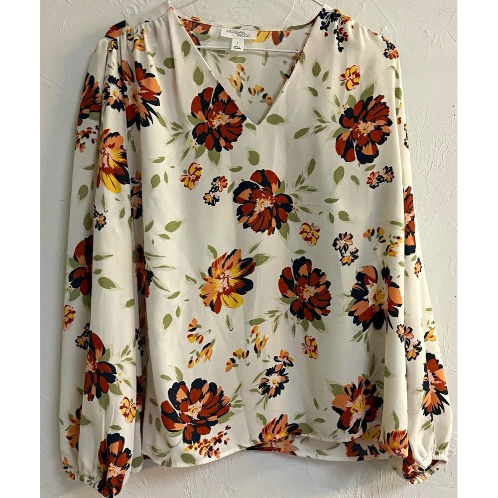 Morgan Taylor Women’s Blouse L White/Orange/Green Floral V-Neck Long Sleeve